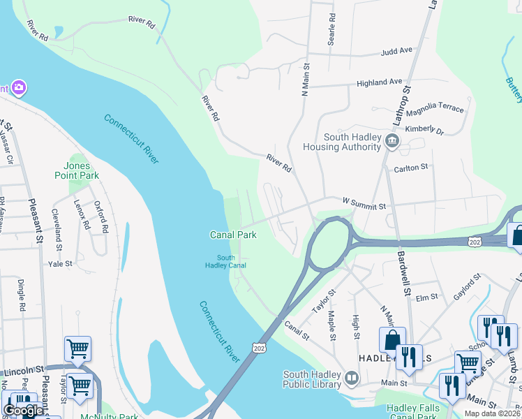 map of restaurants, bars, coffee shops, grocery stores, and more near 78 Riverwood Terrace in South Hadley