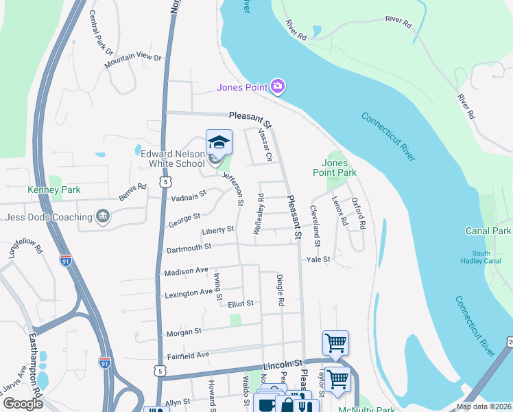 map of restaurants, bars, coffee shops, grocery stores, and more near 28 Jefferson Street in Holyoke