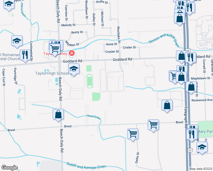 map of restaurants, bars, coffee shops, grocery stores, and more near 11202 Goddard Court in Taylor