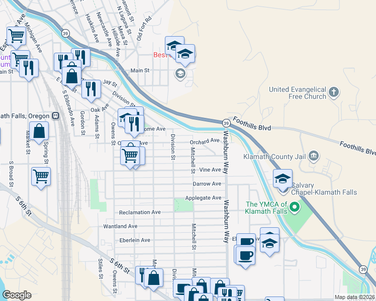 map of restaurants, bars, coffee shops, grocery stores, and more near 624 Mitchell Street in Klamath Falls
