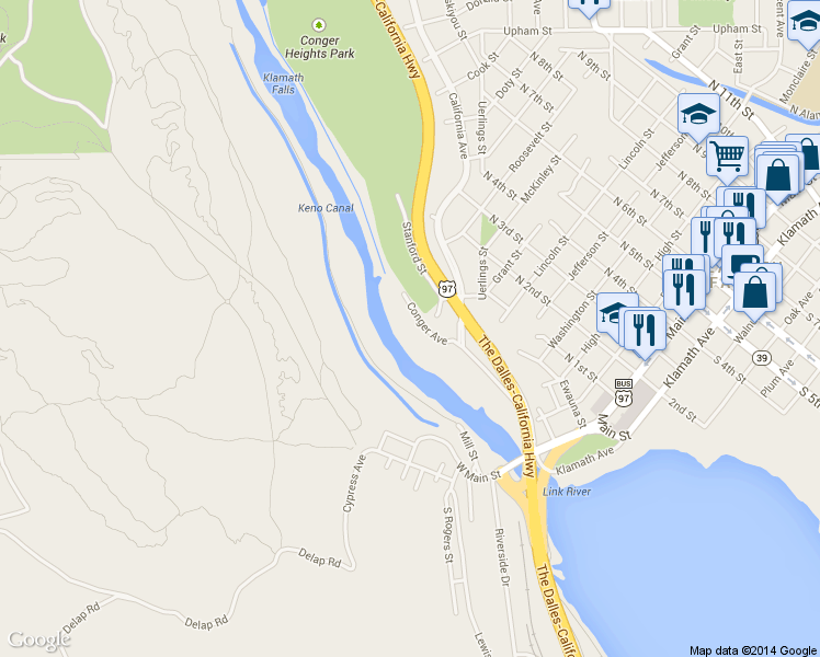 map of restaurants, bars, coffee shops, grocery stores, and more near 636 Conger Avenue in Klamath Falls