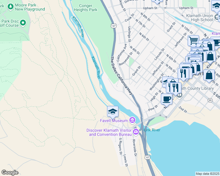 map of restaurants, bars, coffee shops, grocery stores, and more near 636 Conger Avenue in Klamath Falls