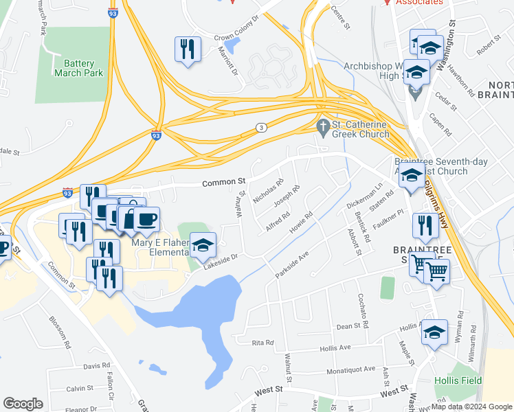 map of restaurants, bars, coffee shops, grocery stores, and more near 36 Francine Road in Braintree