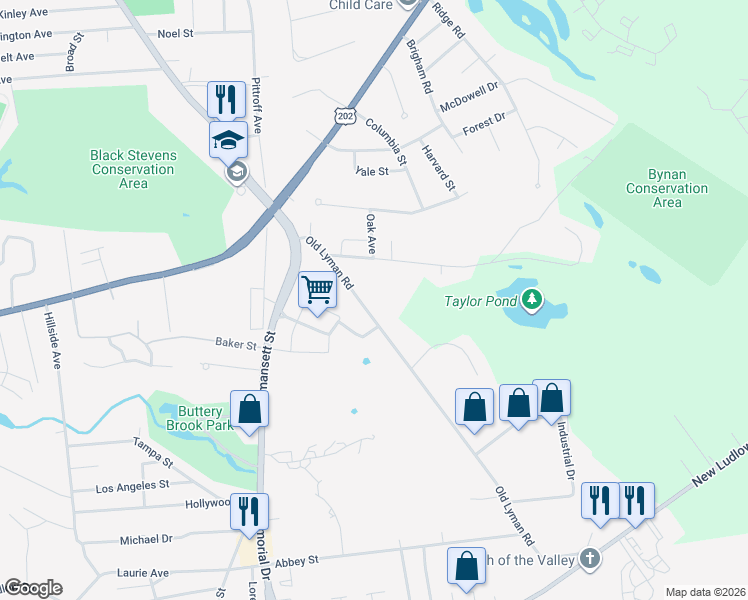 map of restaurants, bars, coffee shops, grocery stores, and more near 48 Old Lyman Road in South Hadley