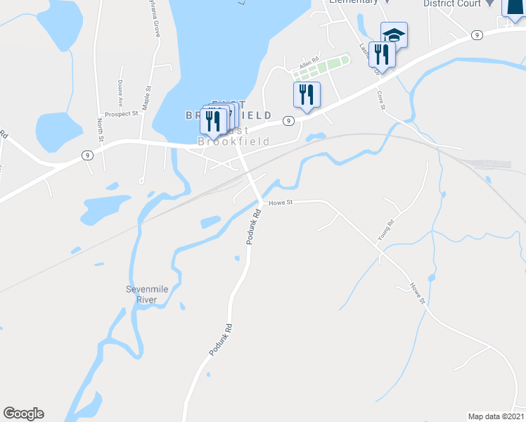 map of restaurants, bars, coffee shops, grocery stores, and more near 101 Podunk Road in East Brookfield