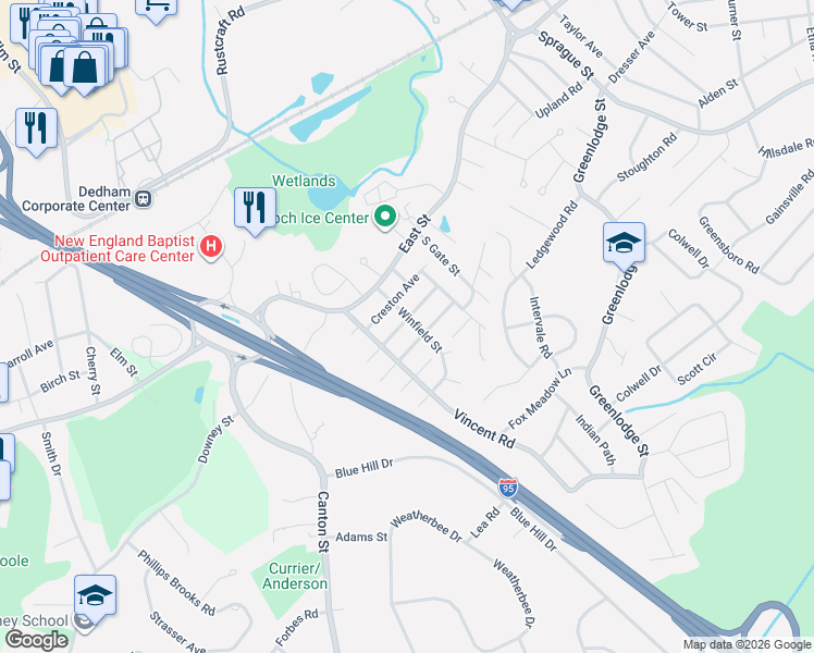 map of restaurants, bars, coffee shops, grocery stores, and more near 31 Creston Avenue in Dedham