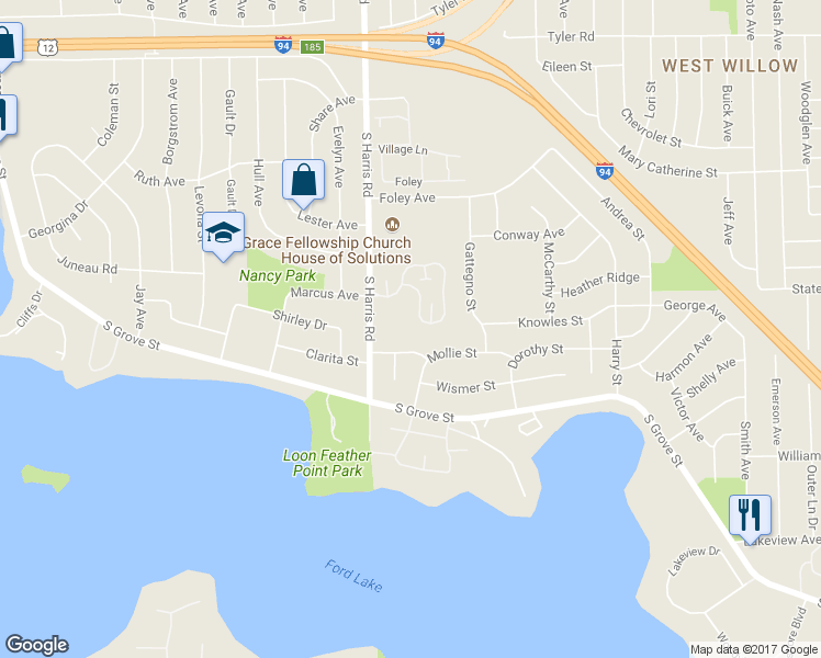map of restaurants, bars, coffee shops, grocery stores, and more near 1661 Wingate Boulevard in Ypsilanti
