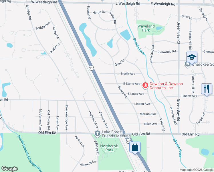 map of restaurants, bars, coffee shops, grocery stores, and more near 25 West Stone Avenue in Lake Forest