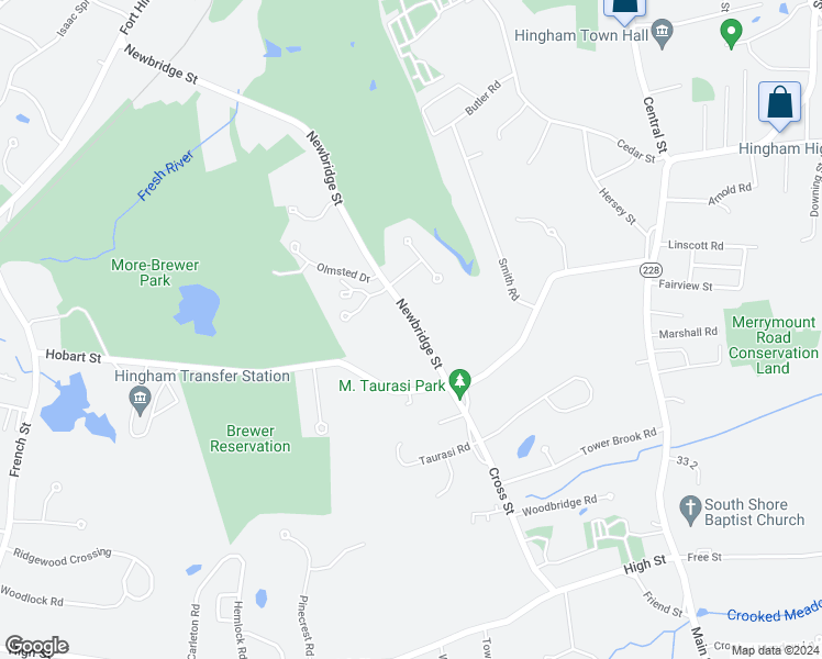 map of restaurants, bars, coffee shops, grocery stores, and more near 193 Newbridge Street in Hingham
