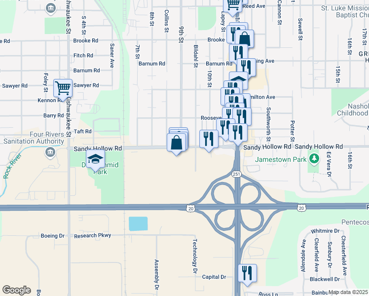 map of restaurants, bars, coffee shops, grocery stores, and more near 1321 Sandy Hollow Road in Rockford