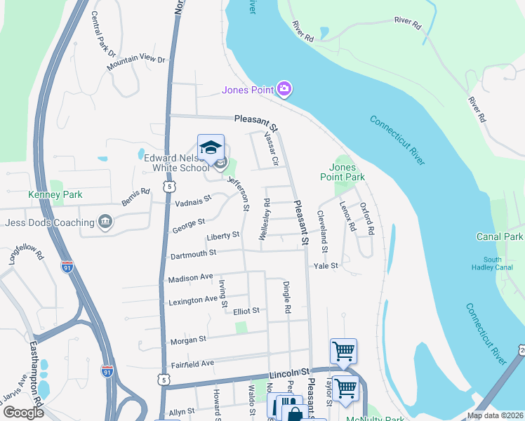 map of restaurants, bars, coffee shops, grocery stores, and more near 28 Jefferson Street in Holyoke