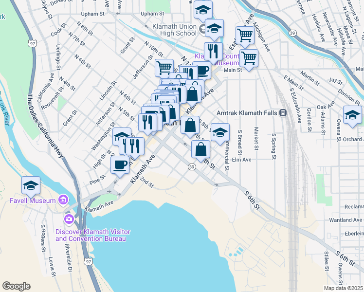 map of restaurants, bars, coffee shops, grocery stores, and more near 316 South 6th Street in Klamath Falls