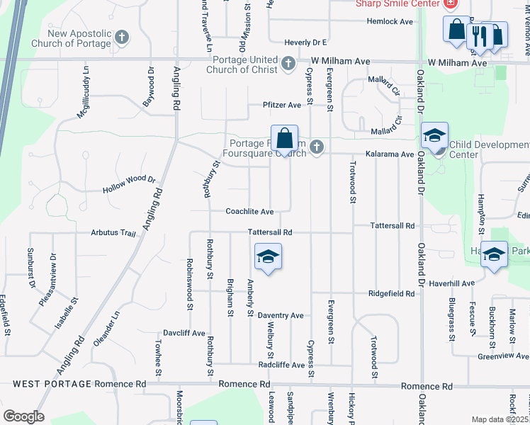 map of restaurants, bars, coffee shops, grocery stores, and more near 6427 Applewood Street in Portage