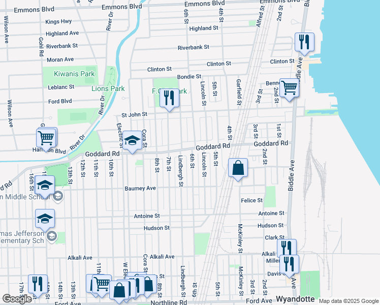 map of restaurants, bars, coffee shops, grocery stores, and more near 1006 6th Street in Wyandotte