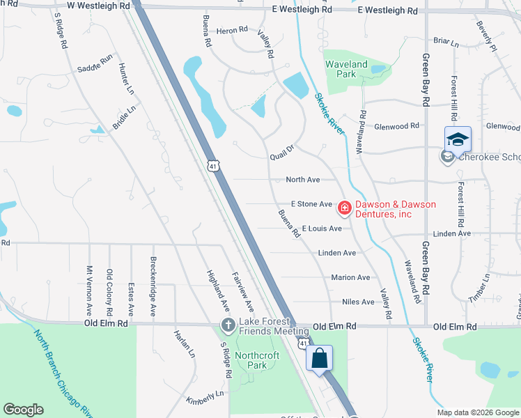 map of restaurants, bars, coffee shops, grocery stores, and more near 25 West Stone Avenue in Lake Forest