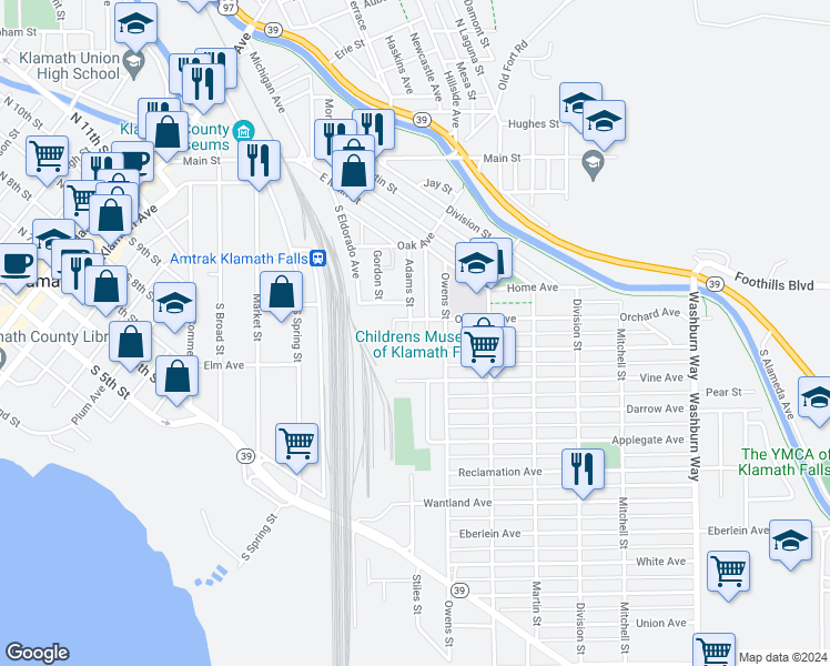 map of restaurants, bars, coffee shops, grocery stores, and more near 617 Adams Street in Klamath Falls