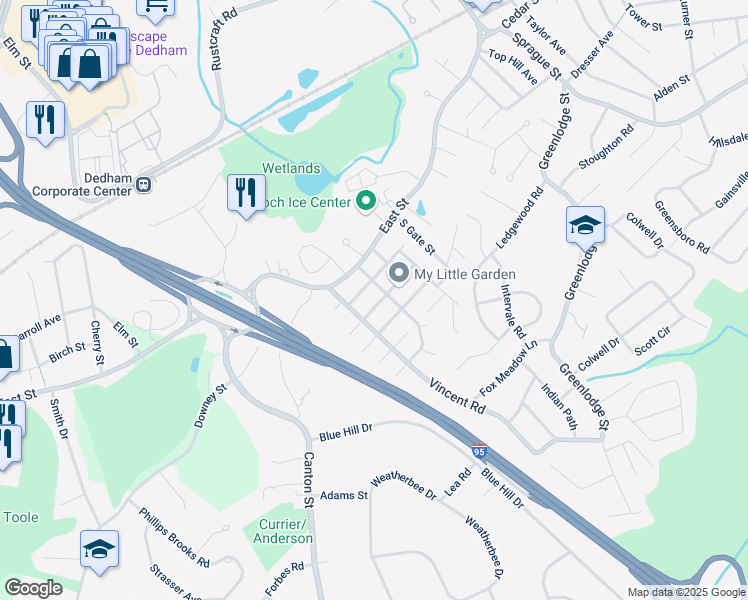 map of restaurants, bars, coffee shops, grocery stores, and more near 31 Creston Avenue in Dedham