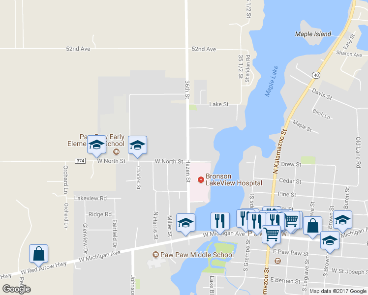 map of restaurants, bars, coffee shops, grocery stores, and more near 619 Hazen Street in Paw Paw