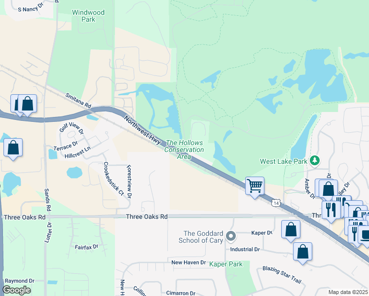 map of restaurants, bars, coffee shops, grocery stores, and more near 3804 U.S. 14 in Cary