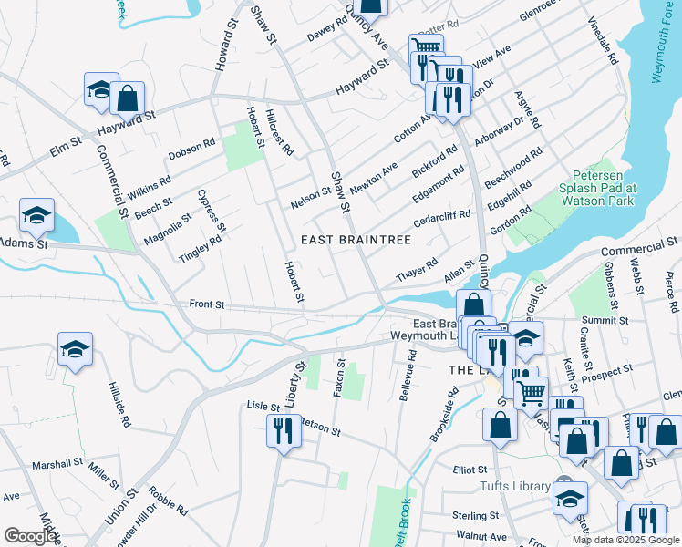 map of restaurants, bars, coffee shops, grocery stores, and more near 25 Sheppard Avenue in Braintree
