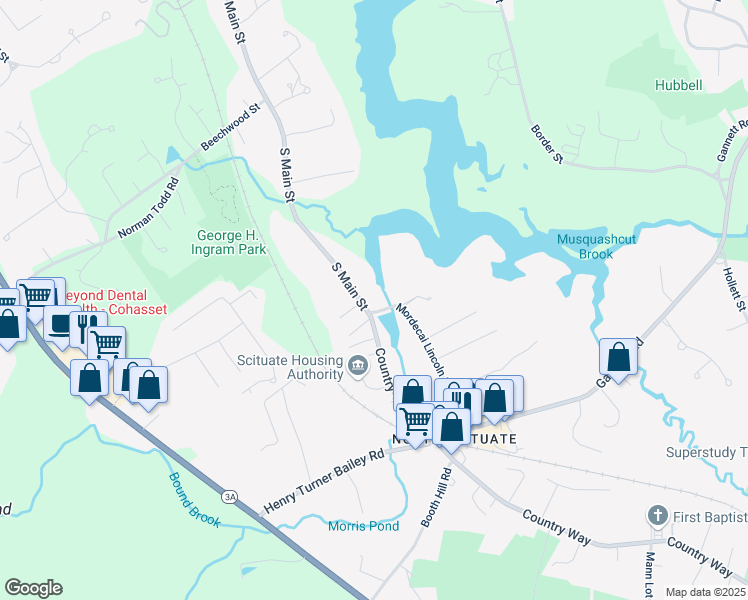 map of restaurants, bars, coffee shops, grocery stores, and more near 430 South Main Street in Cohasset