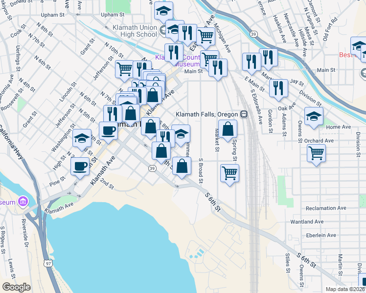 map of restaurants, bars, coffee shops, grocery stores, and more near 677 South 7th Street in Klamath Falls