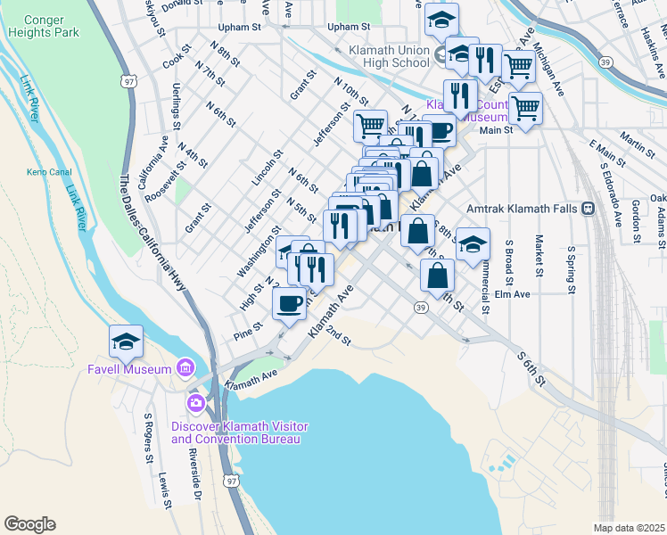 map of restaurants, bars, coffee shops, grocery stores, and more near 422 Main Street in Klamath Falls