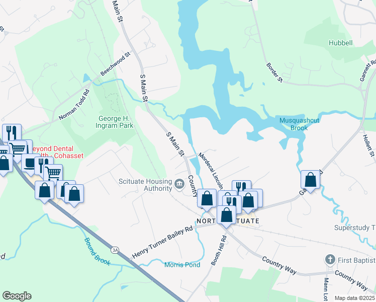 map of restaurants, bars, coffee shops, grocery stores, and more near 430 South Main Street in Cohasset
