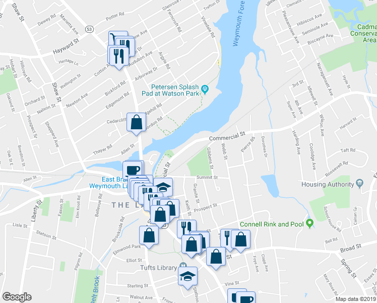 map of restaurants, bars, coffee shops, grocery stores, and more near 201 Commercial Street in Weymouth