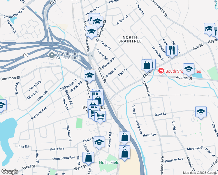 map of restaurants, bars, coffee shops, grocery stores, and more near 46 Church Street in Braintree