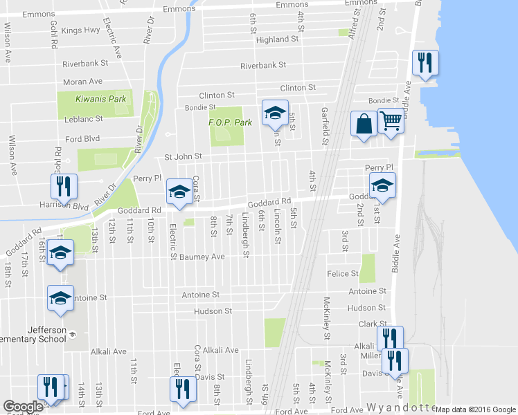 map of restaurants, bars, coffee shops, grocery stores, and more near 1006 6th Street in Wyandotte