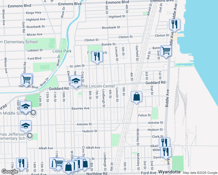 map of restaurants, bars, coffee shops, grocery stores, and more near 1006 6th Street in Wyandotte