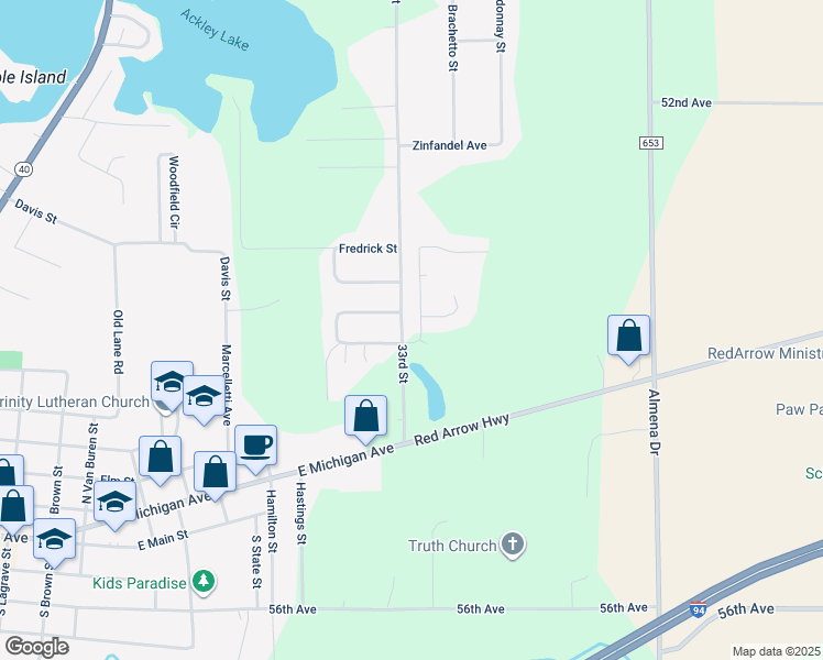 map of restaurants, bars, coffee shops, grocery stores, and more near 32966 Crescent Drive in Paw Paw