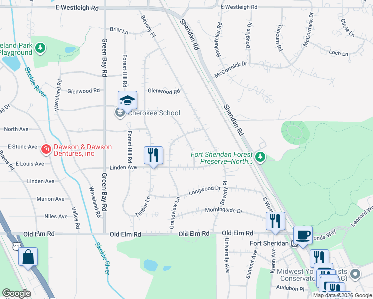 map of restaurants, bars, coffee shops, grocery stores, and more near 645 Grandview Lane in Lake Forest
