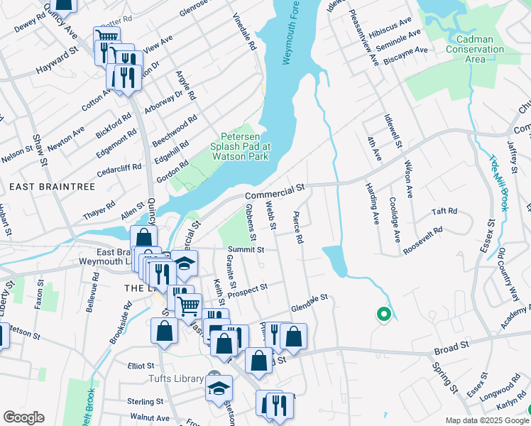 map of restaurants, bars, coffee shops, grocery stores, and more near 152 Webb Street in Weymouth