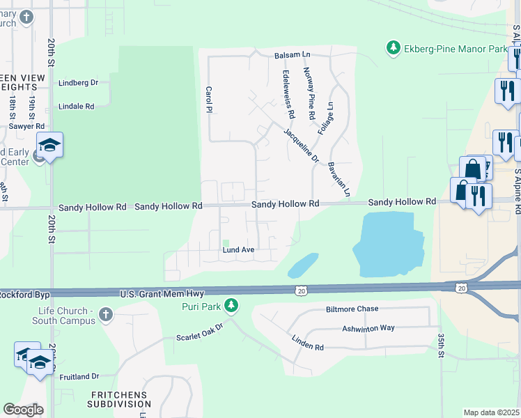 map of restaurants, bars, coffee shops, grocery stores, and more near 3430 Holiday Drive in Rockford