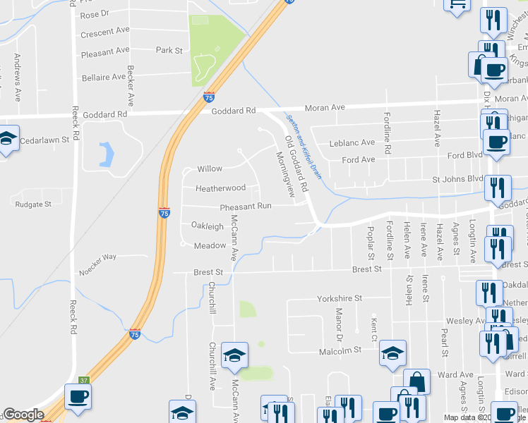 map of restaurants, bars, coffee shops, grocery stores, and more near 15125 Pheasant Run in Southgate