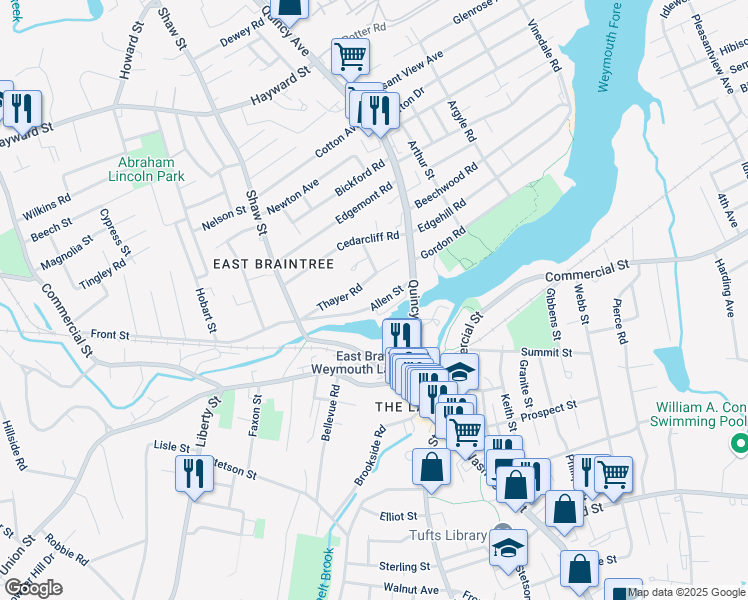 map of restaurants, bars, coffee shops, grocery stores, and more near 33 Allen Street in Braintree