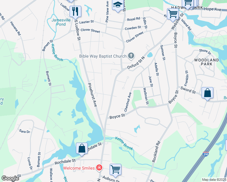 map of restaurants, bars, coffee shops, grocery stores, and more near 57 Oxford Street North in Auburn