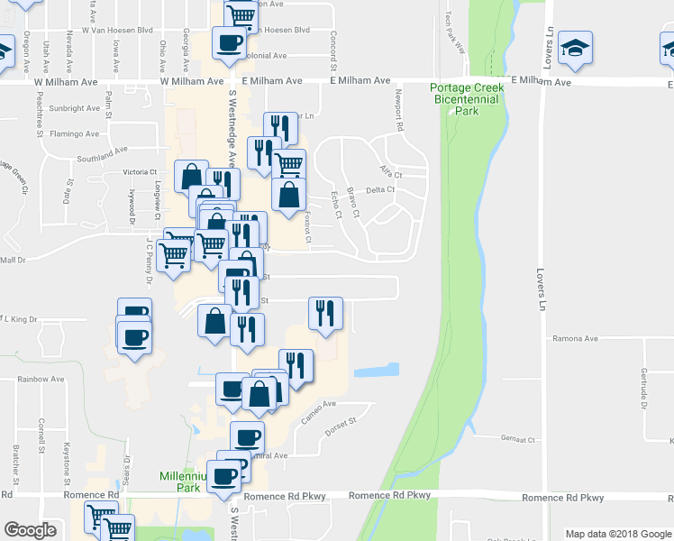 map of restaurants, bars, coffee shops, grocery stores, and more near 501 Della Street in Portage