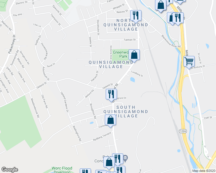 map of restaurants, bars, coffee shops, grocery stores, and more near 23 Upland Street in Worcester