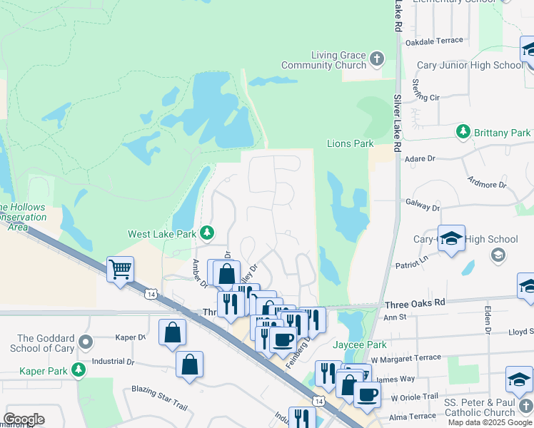 map of restaurants, bars, coffee shops, grocery stores, and more near 806 Oak Valley Drive in Cary