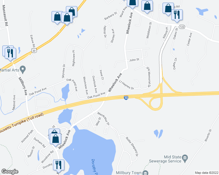 map of restaurants, bars, coffee shops, grocery stores, and more near 105 Wheelock Avenue in Millbury