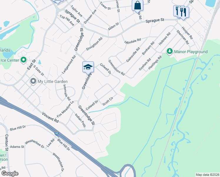 map of restaurants, bars, coffee shops, grocery stores, and more near 165 Scott Circle in Dedham