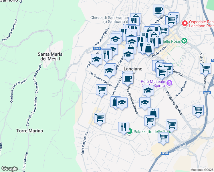 map of restaurants, bars, coffee shops, grocery stores, and more near 91 Viale Cappuccini in Lanciano