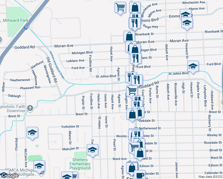 map of restaurants, bars, coffee shops, grocery stores, and more near 2060 Goddard Rd in Lincoln Park