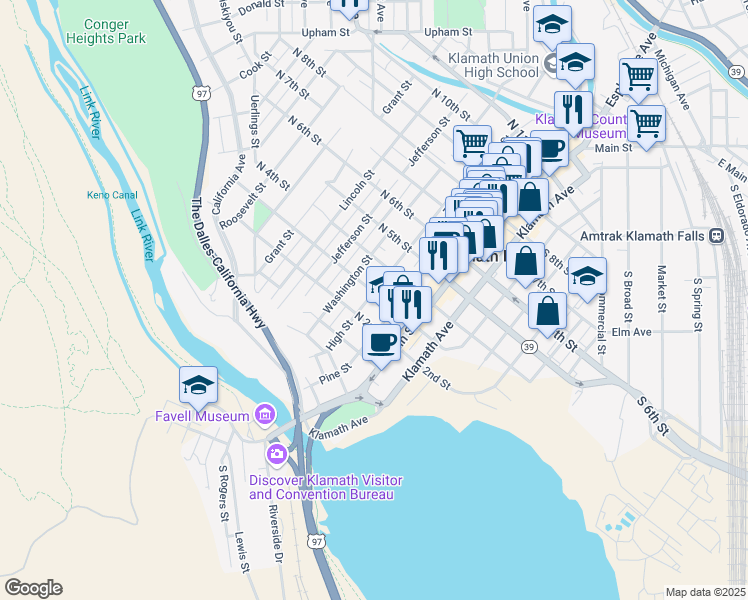 map of restaurants, bars, coffee shops, grocery stores, and more near 234 North 3rd Street in Klamath Falls