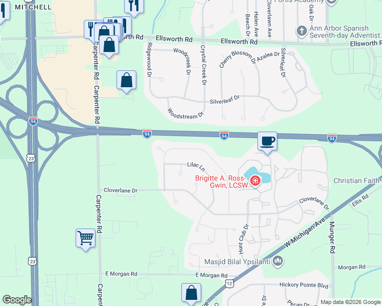 map of restaurants, bars, coffee shops, grocery stores, and more near 4173 Montith Drive in Ypsilanti