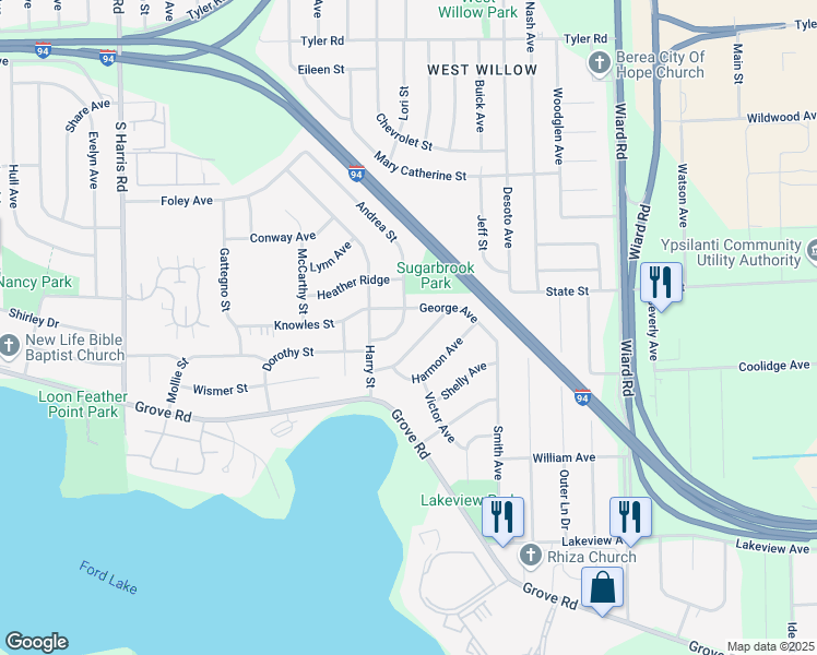 map of restaurants, bars, coffee shops, grocery stores, and more near 1559 Andrea Street in Ypsilanti