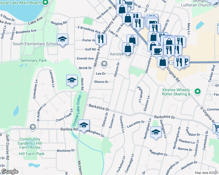 map of restaurants, bars, coffee shops, grocery stores, and more near 640 Chardonnay Lane in Crystal Lake